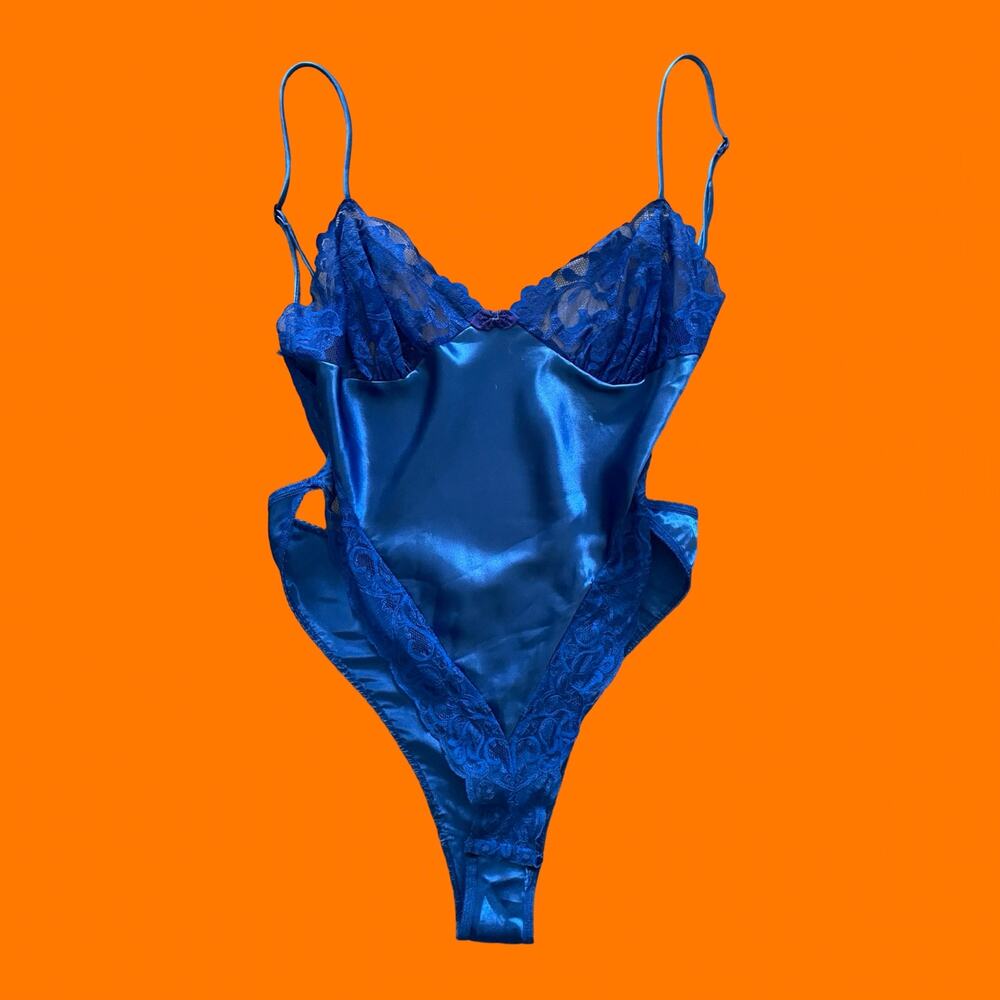 90's vintage blue satin lace lingerie teddy LARGE mara intimates